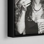 Corner close-up of the black floating frame on the Stevie Nicks 1979 Tusk Tour black and white canvas