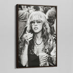 Angled view of the Stevie Nicks 1979 Tusk Tour black and white canvas in a dark walnut floating frame