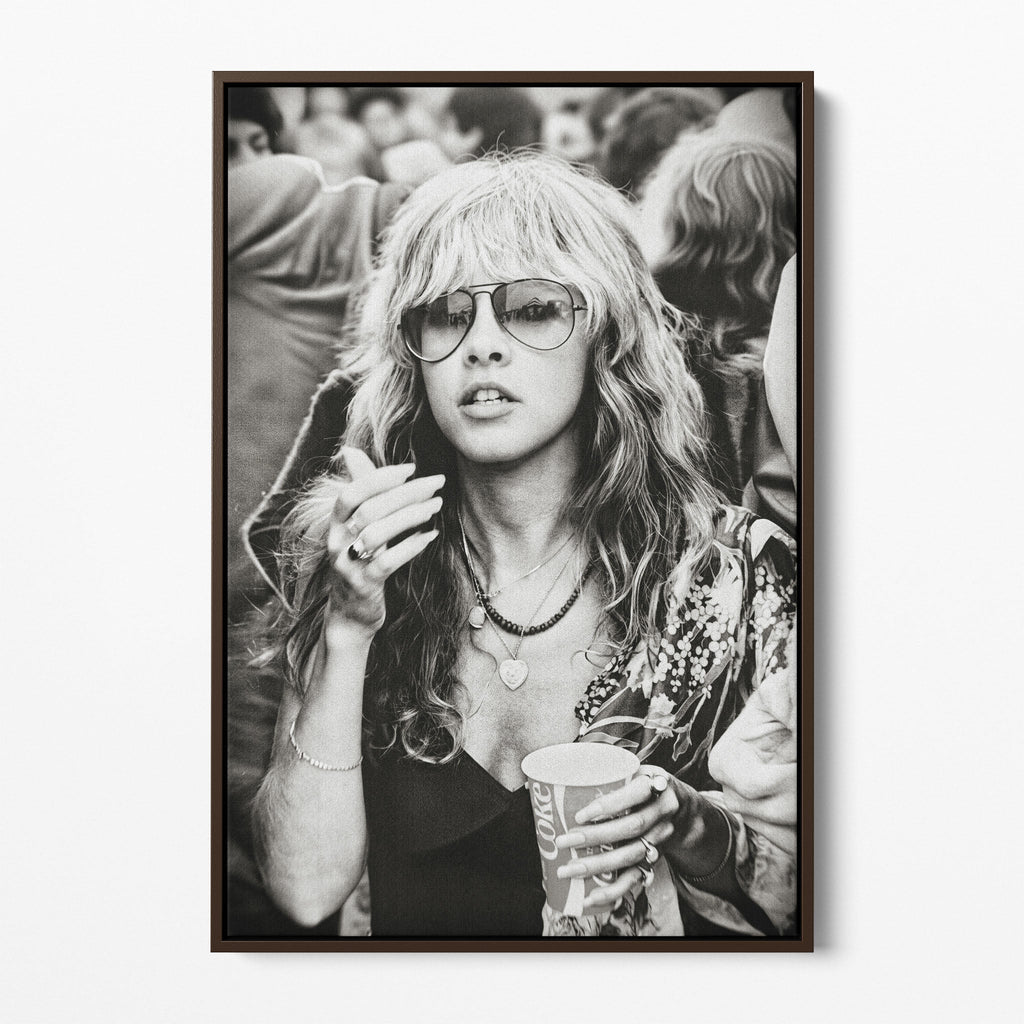 Front view of the Stevie Nicks 1979 Tusk Tour black and white canvas in a dark walnut floating frame