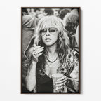Front view of the Stevie Nicks 1979 Tusk Tour black and white canvas in a dark walnut floating frame