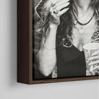 Corner close-up of the dark walnut floating frame on the Stevie Nicks 1979 Tusk Tour black and white canvas