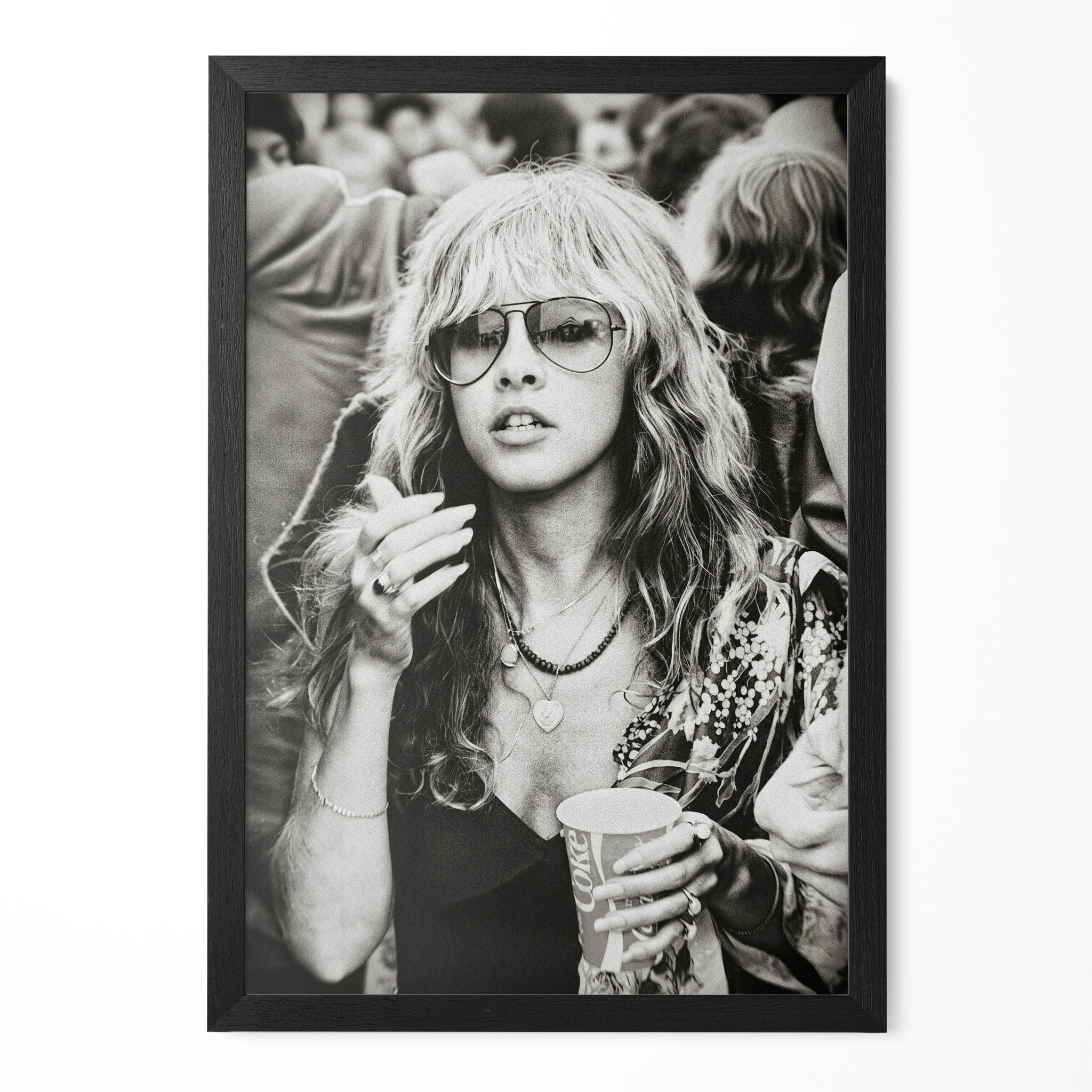 Stevie Nicks 1979 Tusk Tour boho candid black and white portrait in a classic black poster frame