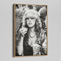 Angled view of the Stevie Nicks 1979 Tusk Tour black and white canvas in a natural oak floating frame