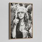 Angled view of the Stevie Nicks 1979 Tusk Tour black and white canvas in a natural oak floating frame