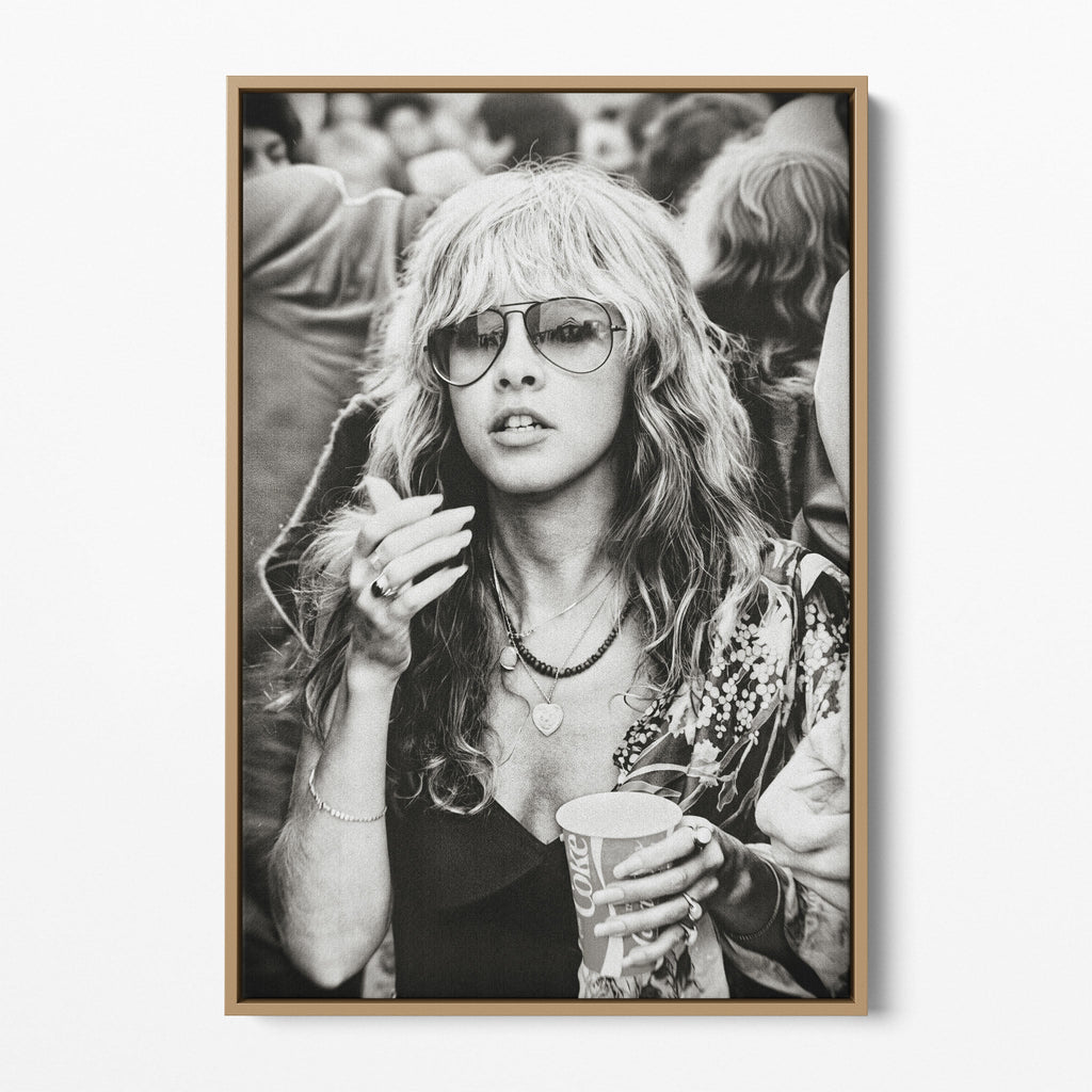 Front view of the Stevie Nicks 1979 Tusk Tour black and white canvas in a natural oak floating frame