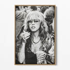 Front view of the Stevie Nicks 1979 Tusk Tour black and white canvas in a natural oak floating frame