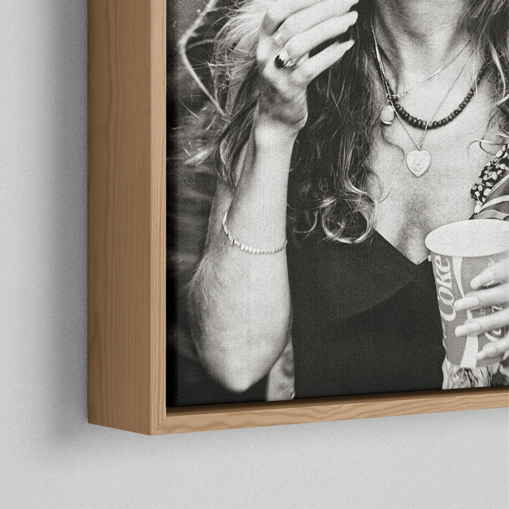 Corner close-up of the natural oak floating frame on the Stevie Nicks 1979 Tusk Tour black and white canvas