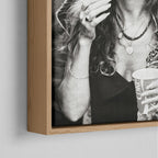 Corner close-up of the natural oak floating frame on the Stevie Nicks 1979 Tusk Tour black and white canvas
