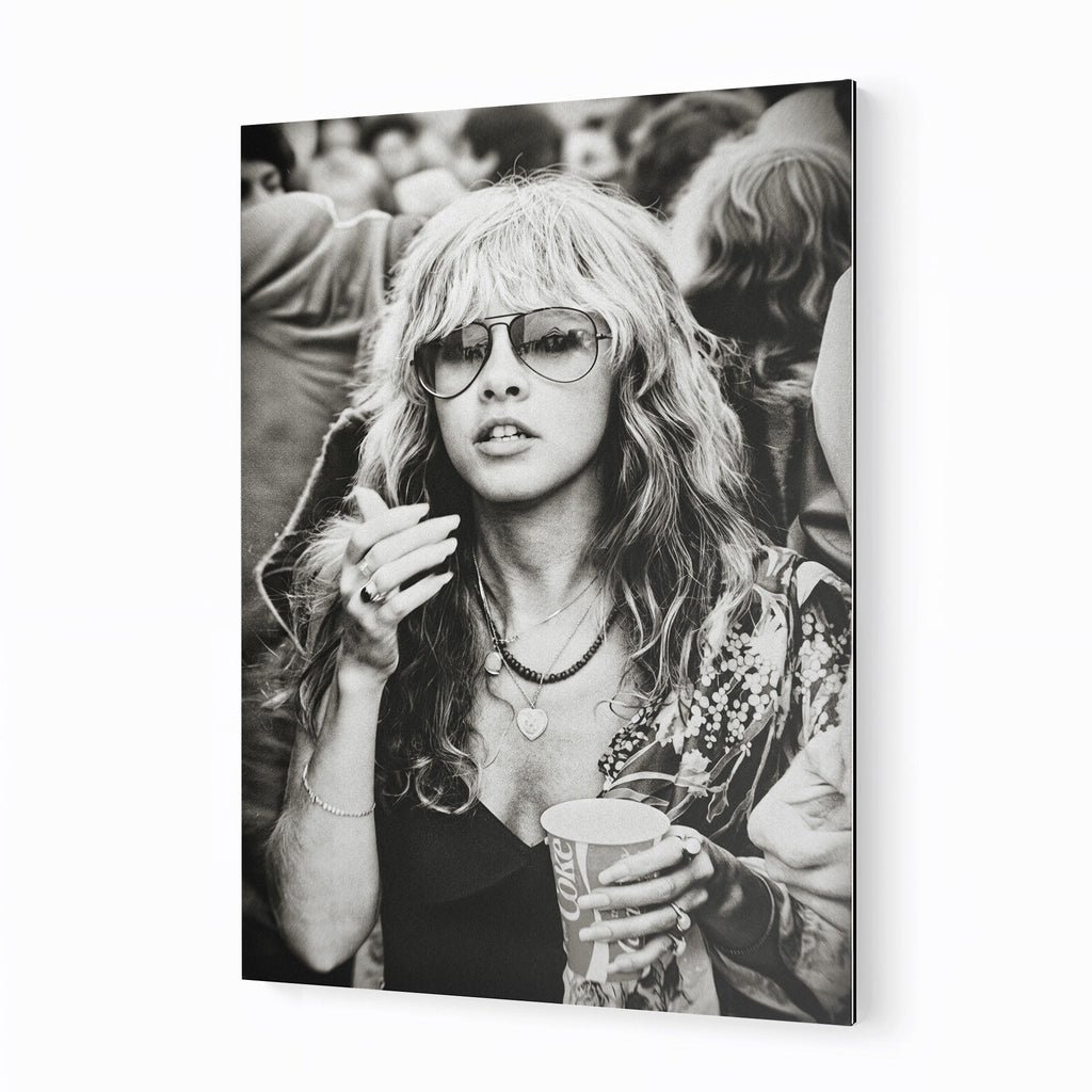 Stevie Nicks 1979 Tusk Tour boho candid black and white portrait on sleek aluminium metal