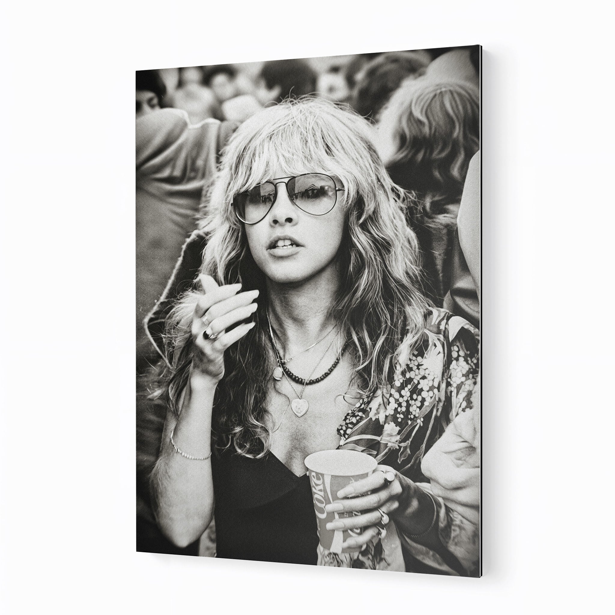 Stevie Nicks 1979 Tusk Tour boho candid black and white portrait on sleek aluminium metal