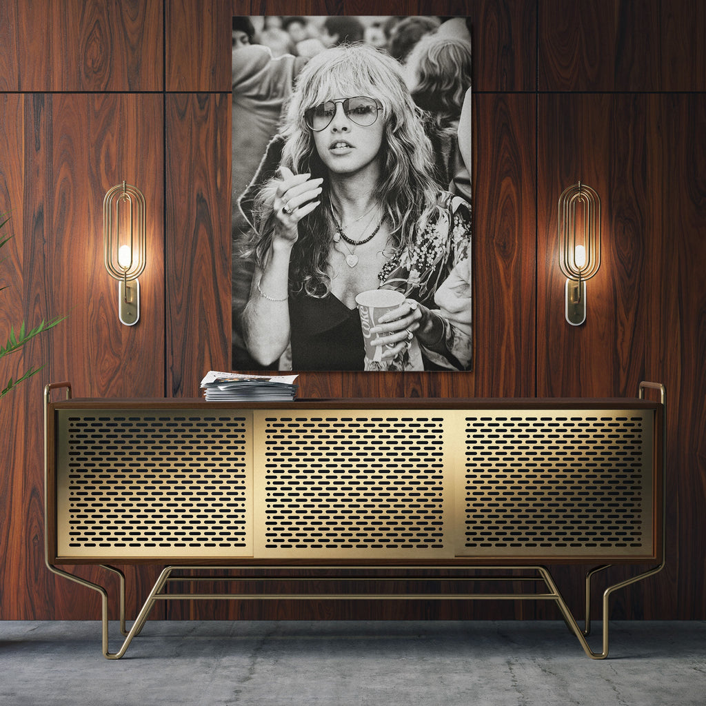 Aluminium metal print of the Stevie Nicks Fleetwood Mac 1979 Tusk Tour black and white portrait