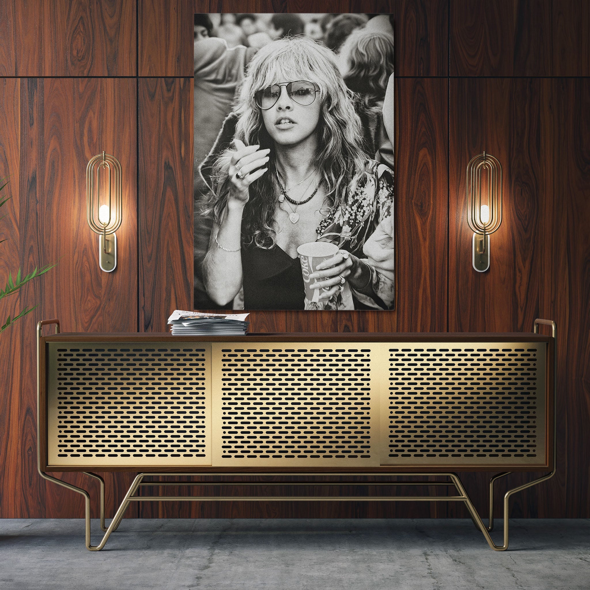 Aluminium metal print of the Stevie Nicks Fleetwood Mac 1979 Tusk Tour black and white portrait
