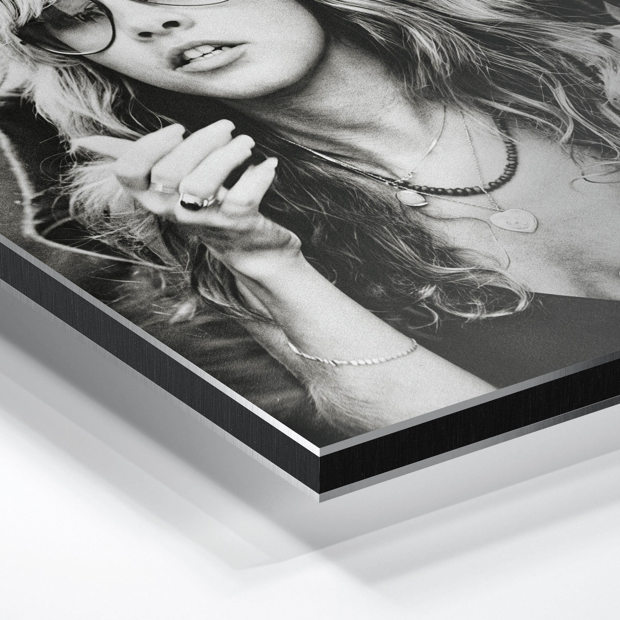 Close-up of the aluminium edge on the Stevie Nicks 1979 Tusk Tour black and white metal print
