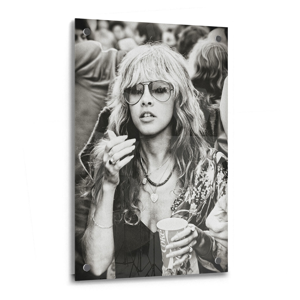 Stevie Nicks 1979 Tusk Tour boho candid black and white portrait on glossy acrylic glass