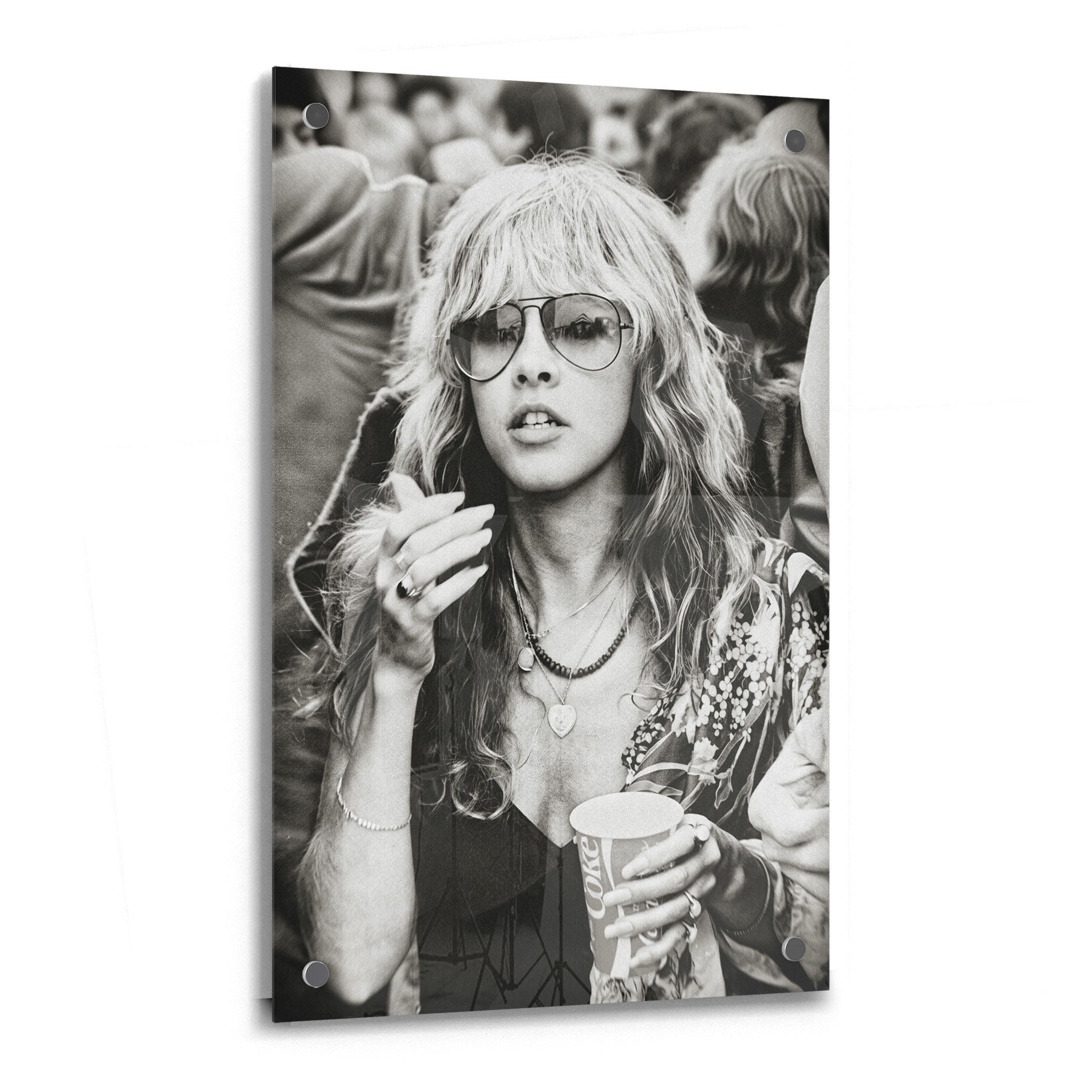 Stevie Nicks 1979 Tusk Tour boho candid black and white portrait on glossy acrylic glass