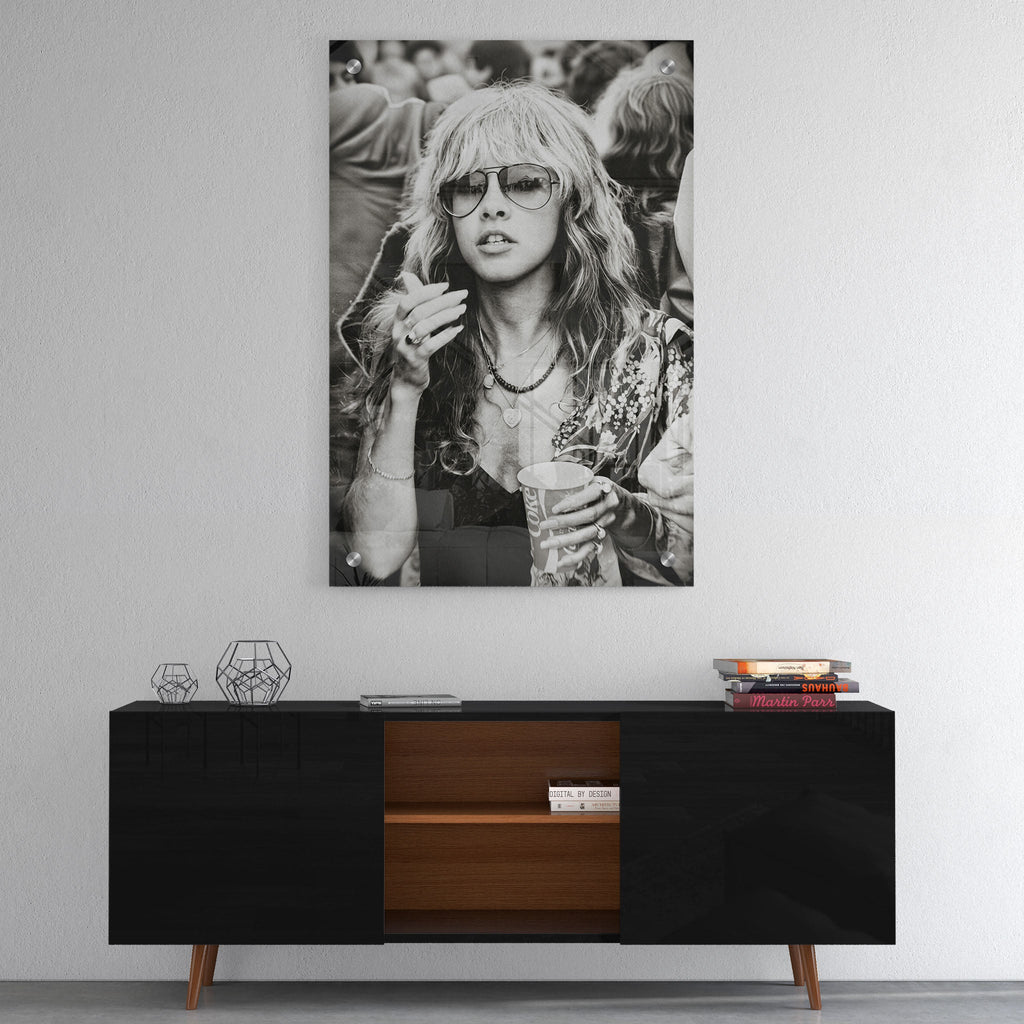 High-gloss acrylic print of the Stevie Nicks Fleetwood Mac 1979 Tusk Tour black and white portrait