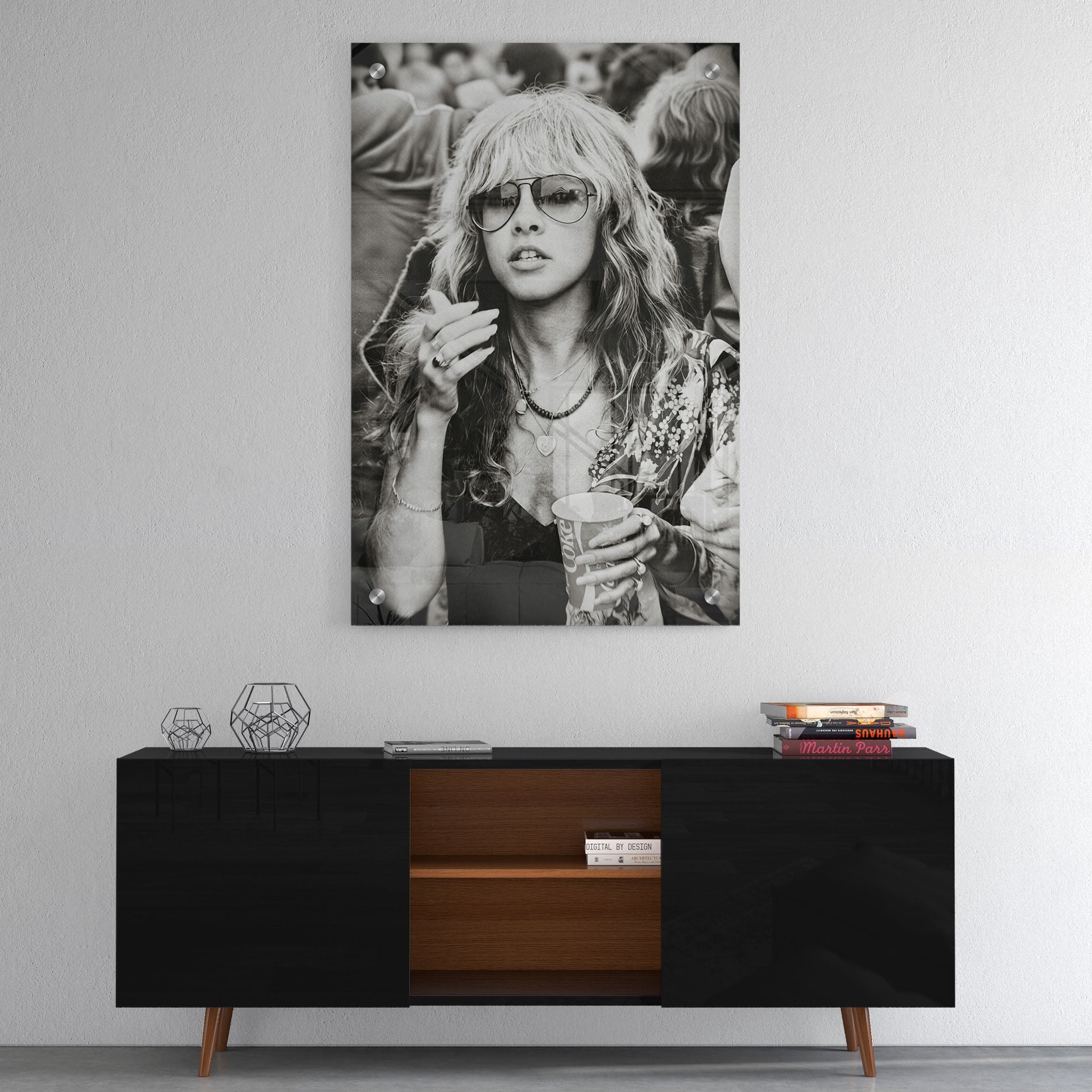 High-gloss acrylic print of the Stevie Nicks Fleetwood Mac 1979 Tusk Tour black and white portrait