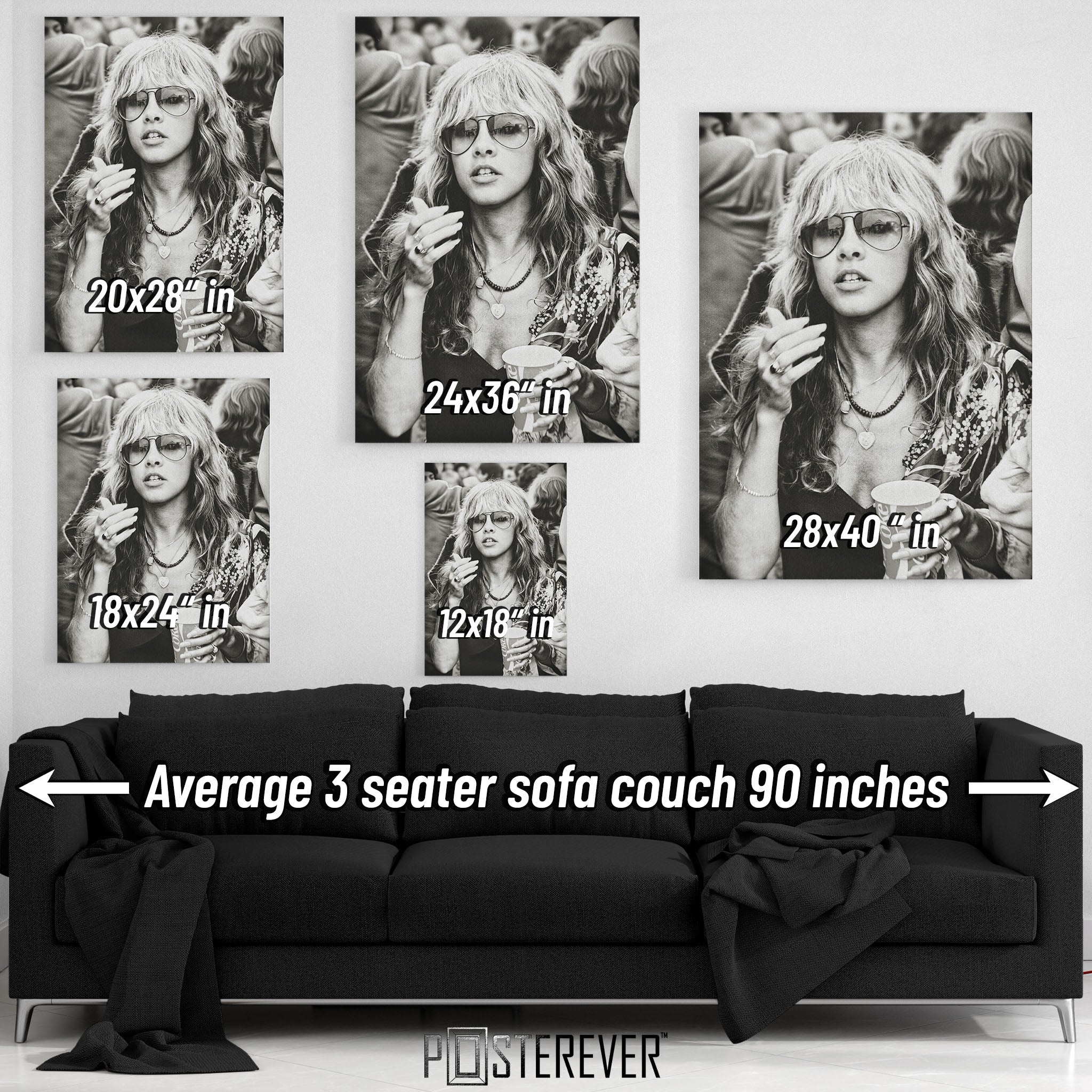 Wall art size comparison chart displaying multiple print dimensions above an average 3-seater sofa
