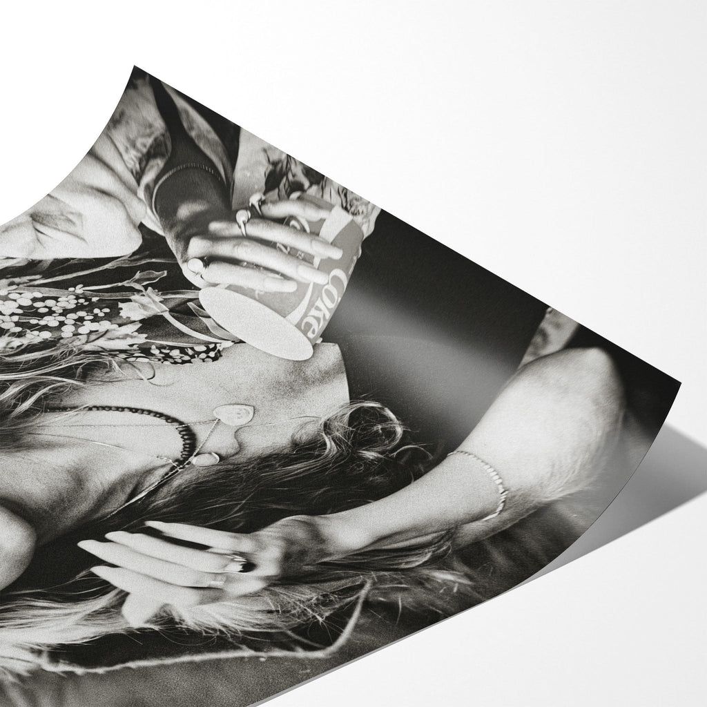 Angled close-up of the unframed Stevie Nicks 1979 Tusk Tour black and white poster showing paper detail