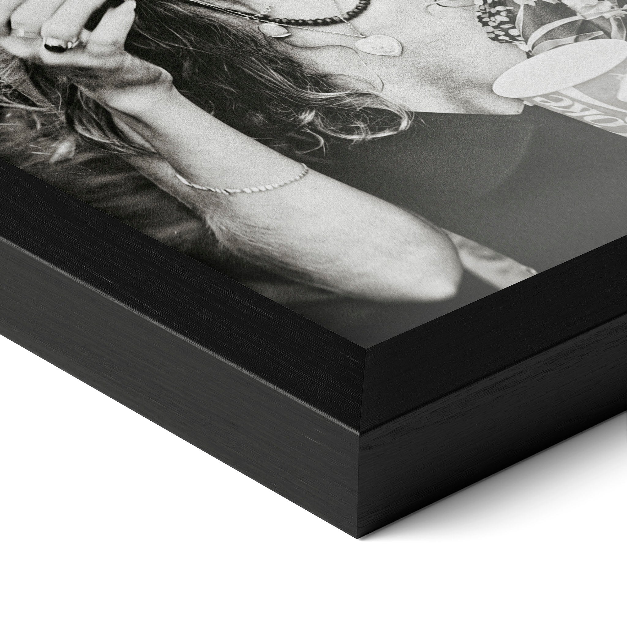 Corner close-up of the Stevie Nicks 1979 Tusk Tour black and white poster in a classic black frame