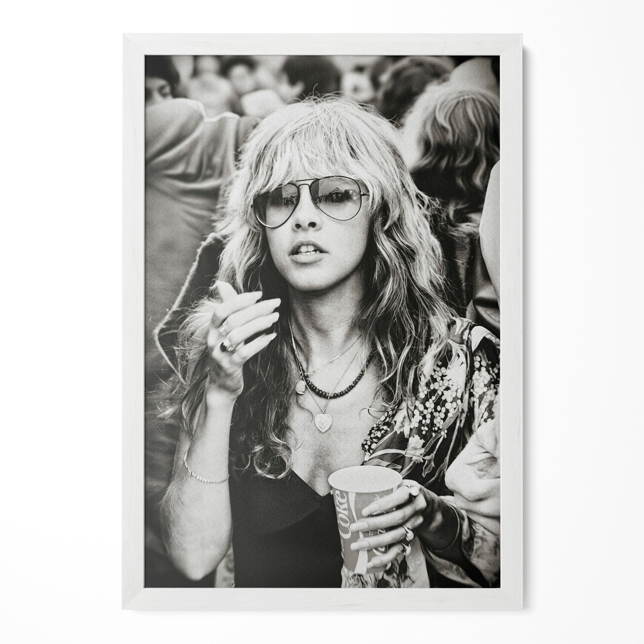Stevie Nicks 1979 Tusk Tour boho candid black and white portrait in a classic white poster frame