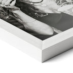 Corner close-up of the Stevie Nicks 1979 Tusk Tour black and white poster in a classic white frame