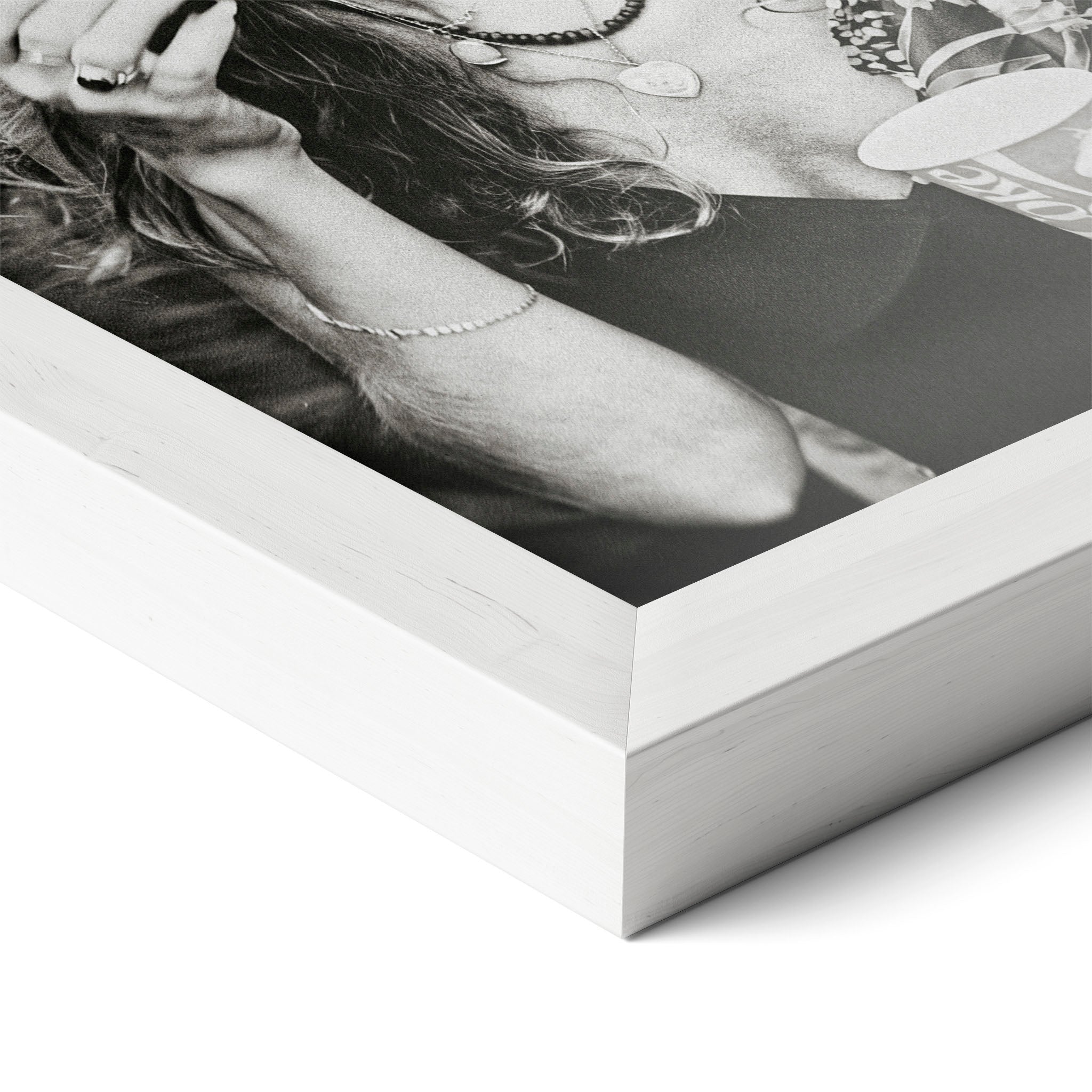 Corner close-up of the Stevie Nicks 1979 Tusk Tour black and white poster in a classic white frame