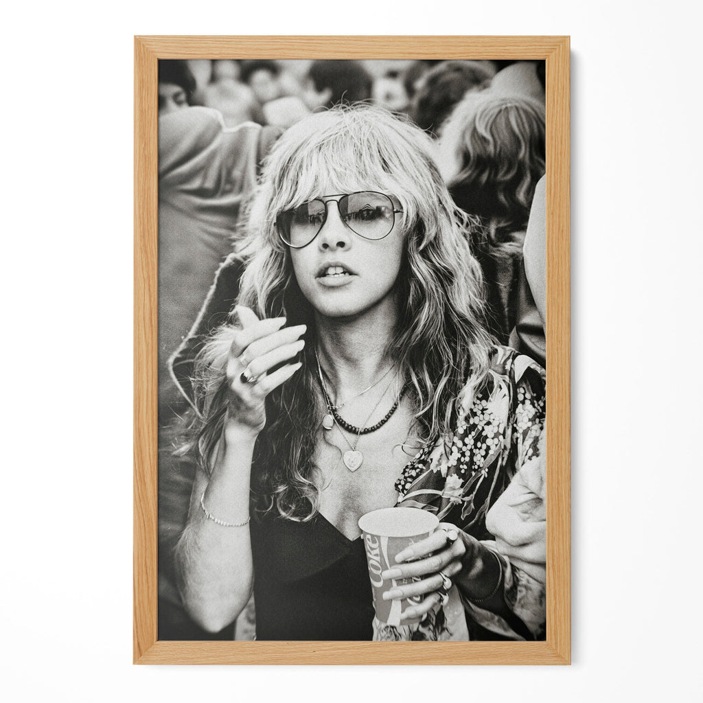 Stevie Nicks 1979 Tusk Tour boho candid black and white portrait in a natural oak poster frame