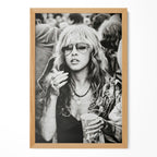 Stevie Nicks 1979 Tusk Tour boho candid black and white portrait in a natural oak poster frame