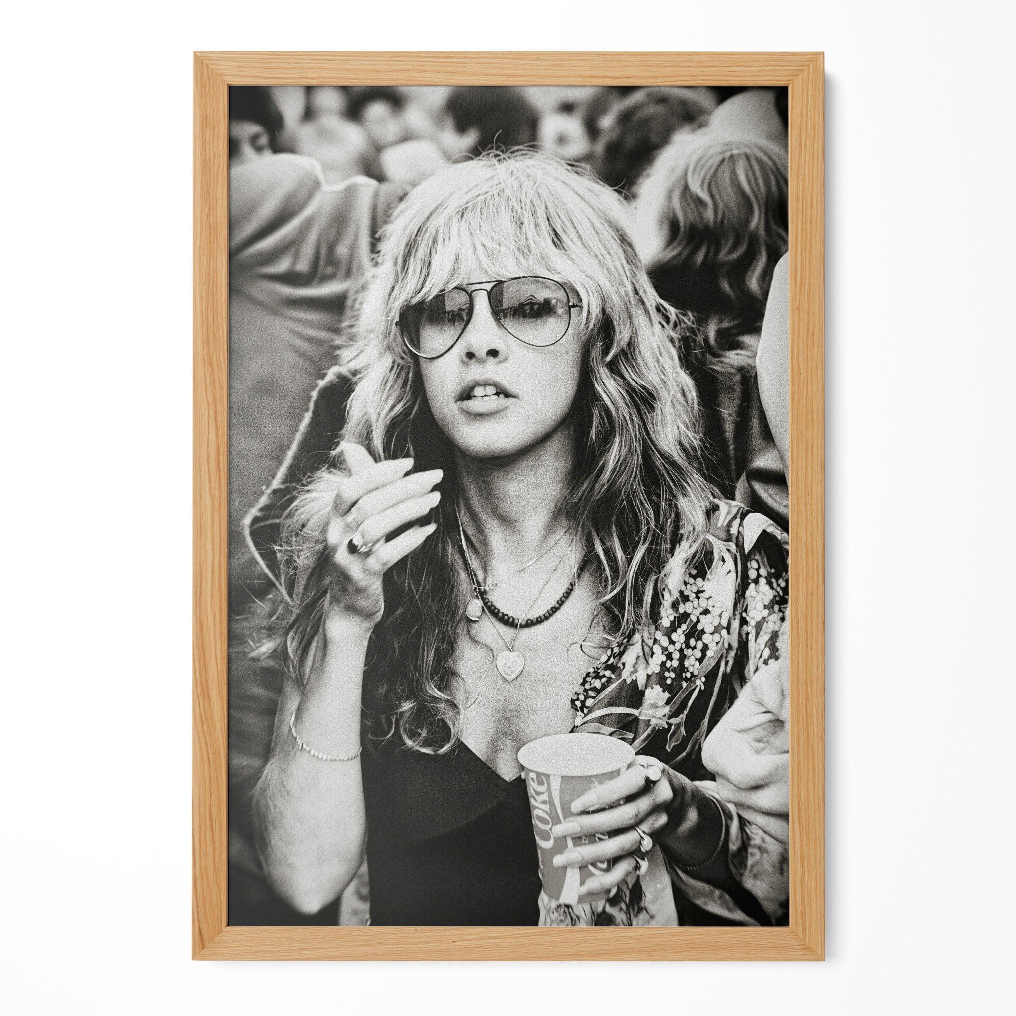 Stevie Nicks 1979 Tusk Tour boho candid black and white portrait in a natural oak poster frame