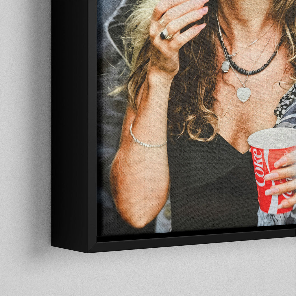 Corner close-up of the black floating frame on the Stevie Nicks 1979 Tusk Tour colour canvas