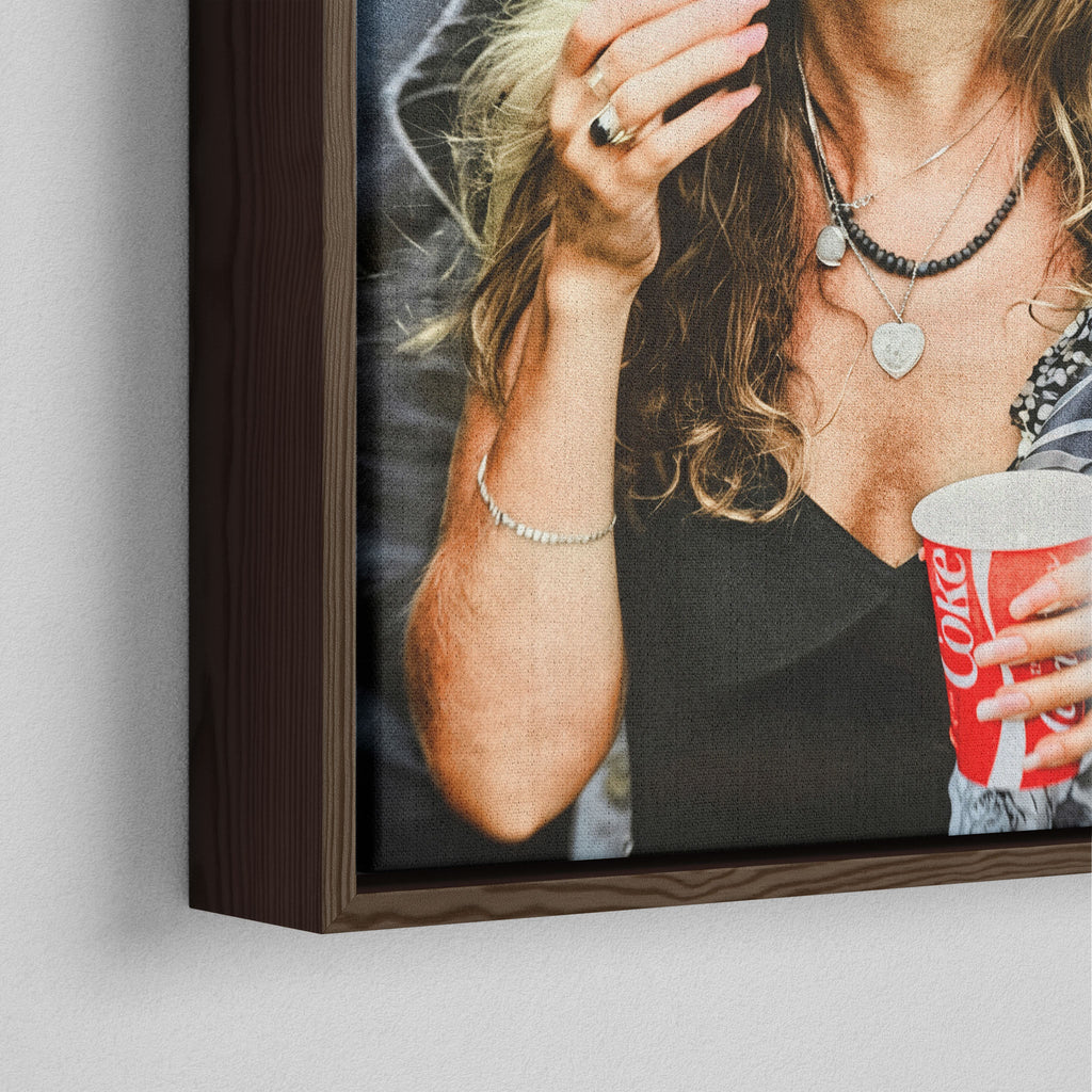 Corner close-up of the dark walnut floating frame on the Stevie Nicks 1979 Tusk Tour colour canvas