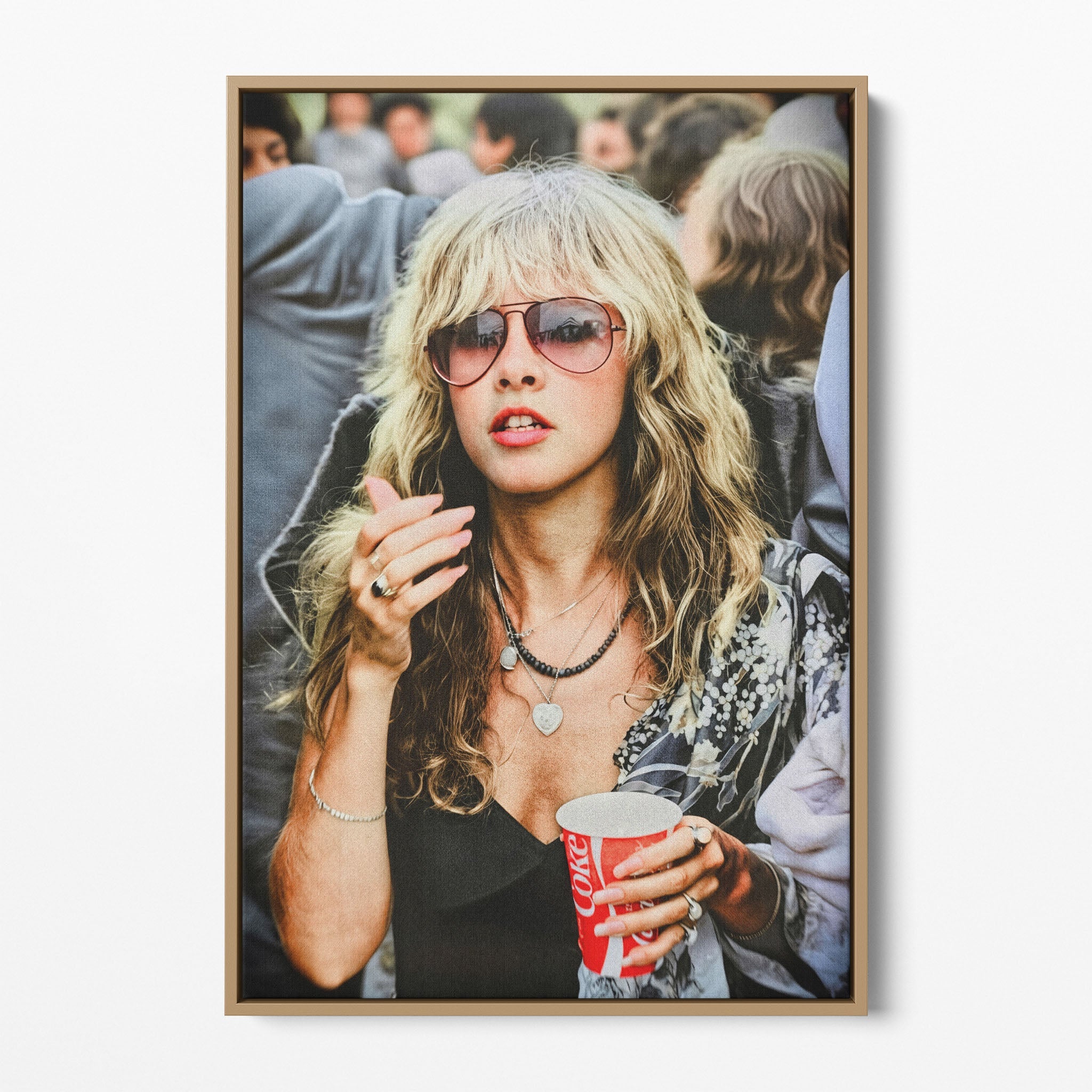 Front view of the Stevie Nicks 1979 Tusk Tour colour canvas in a natural oak floating frame