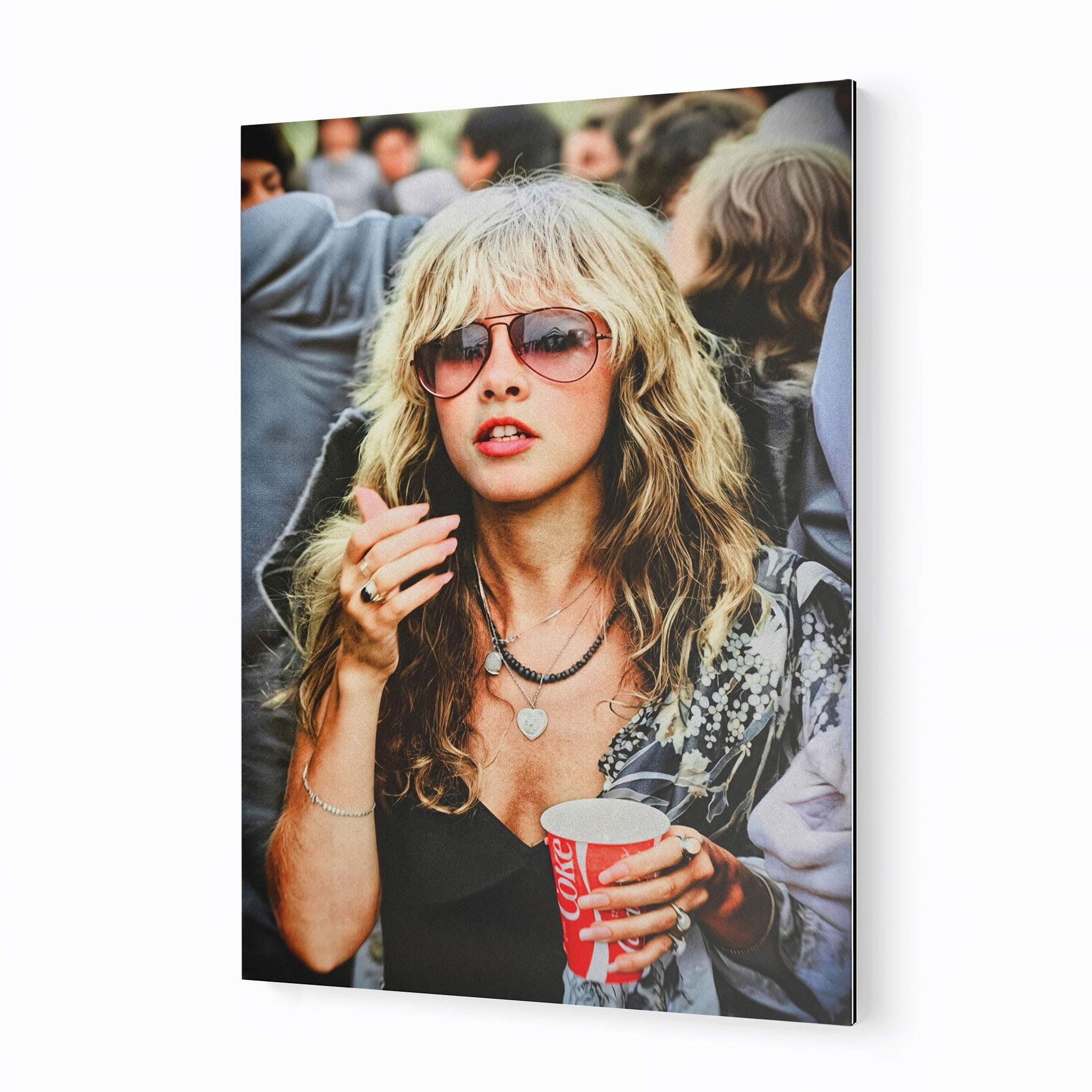 Stevie Nicks 1979 Tusk Tour boho candid colour portrait on sleek aluminium metal