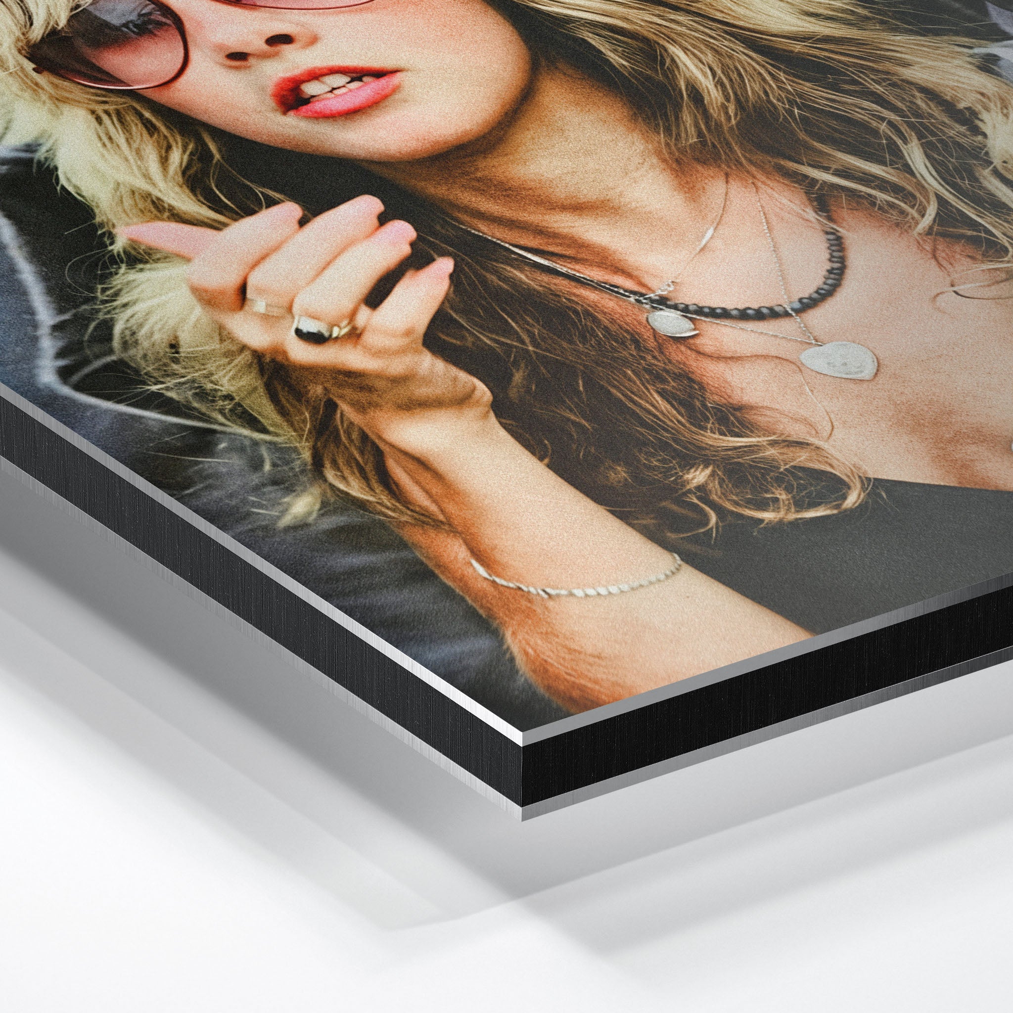 Close-up of the aluminium edge on the Stevie Nicks 1979 Tusk Tour colour metal print