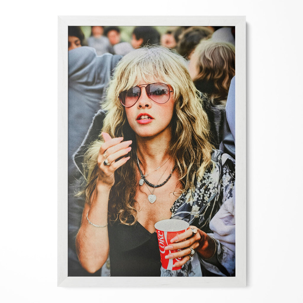 Stevie Nicks 1979 Tusk Tour boho candid colour portrait in a classic white poster frame