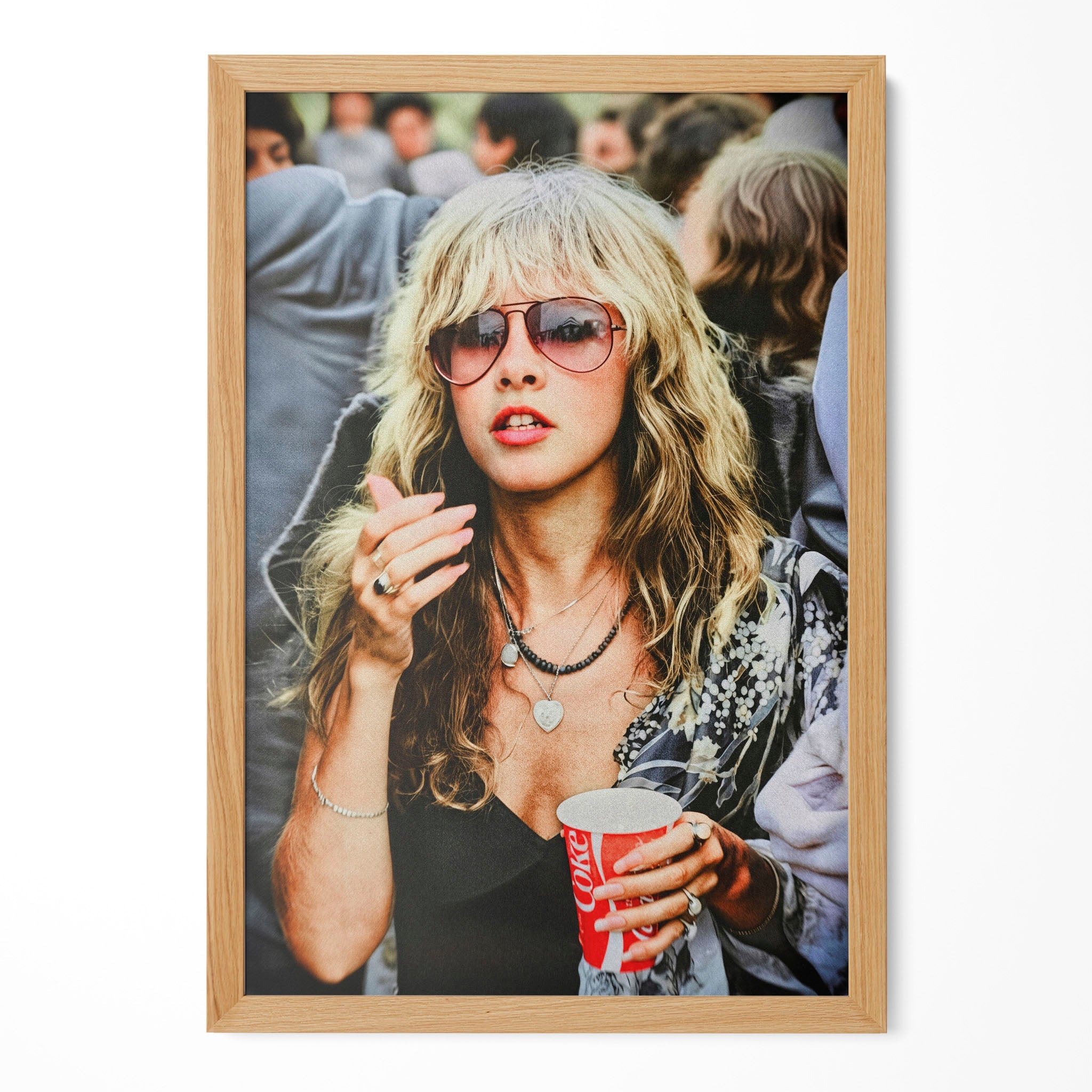 Stevie Nicks 1979 Tusk Tour boho candid colour portrait in a natural oak poster frame