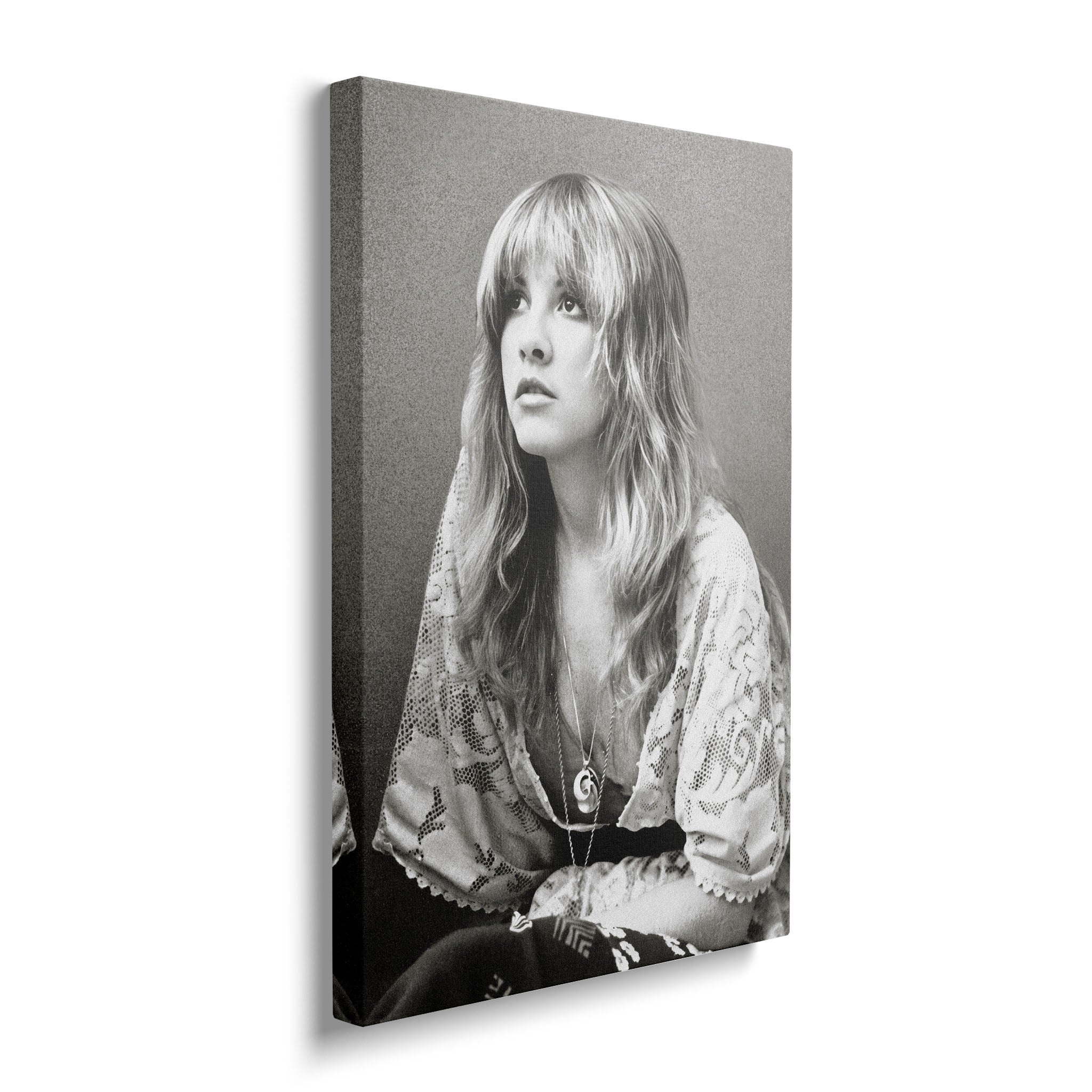 Gallery-wrapped canvas of the Stevie Nicks Fleetwood Mac 1976 black and white portrait