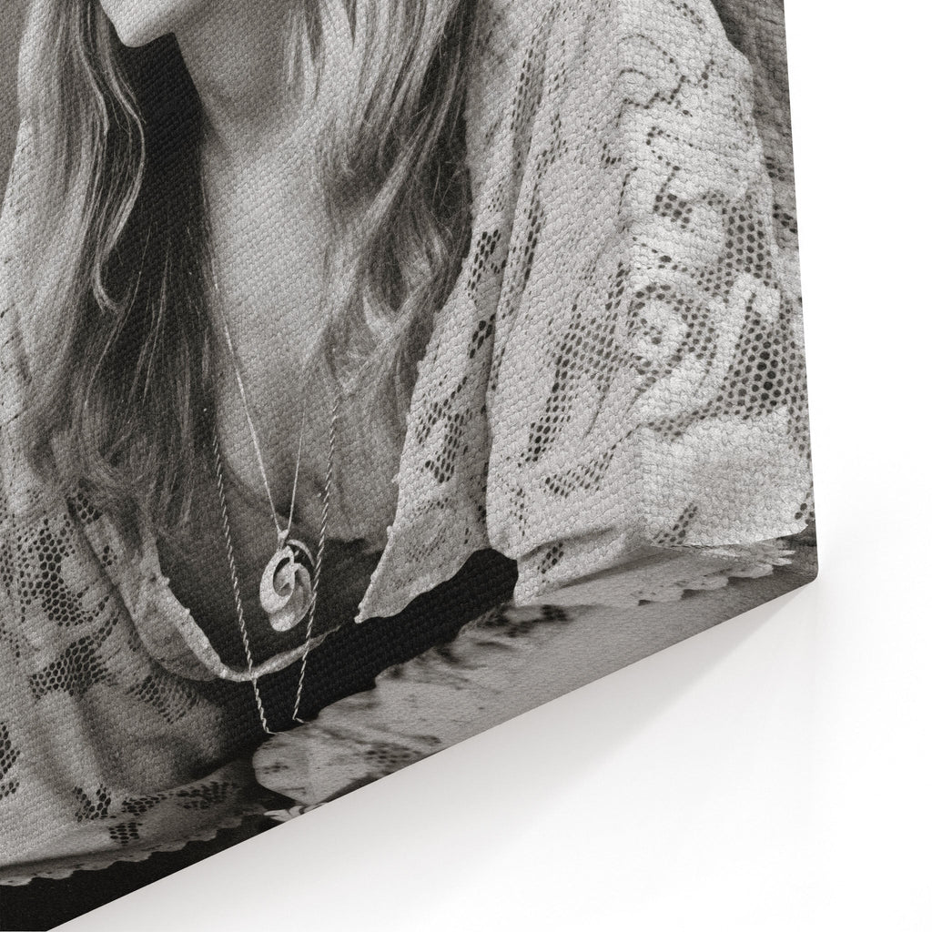 Close-up of the gallery-wrapped canvas edge on the Stevie Nicks 1976 black and white portrait