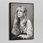 Angled view of the Stevie Nicks 1976 black and white portrait canvas in a black floating frame