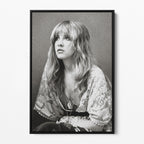 Front view of the Stevie Nicks 1976 black and white portrait canvas in a black floating frame
