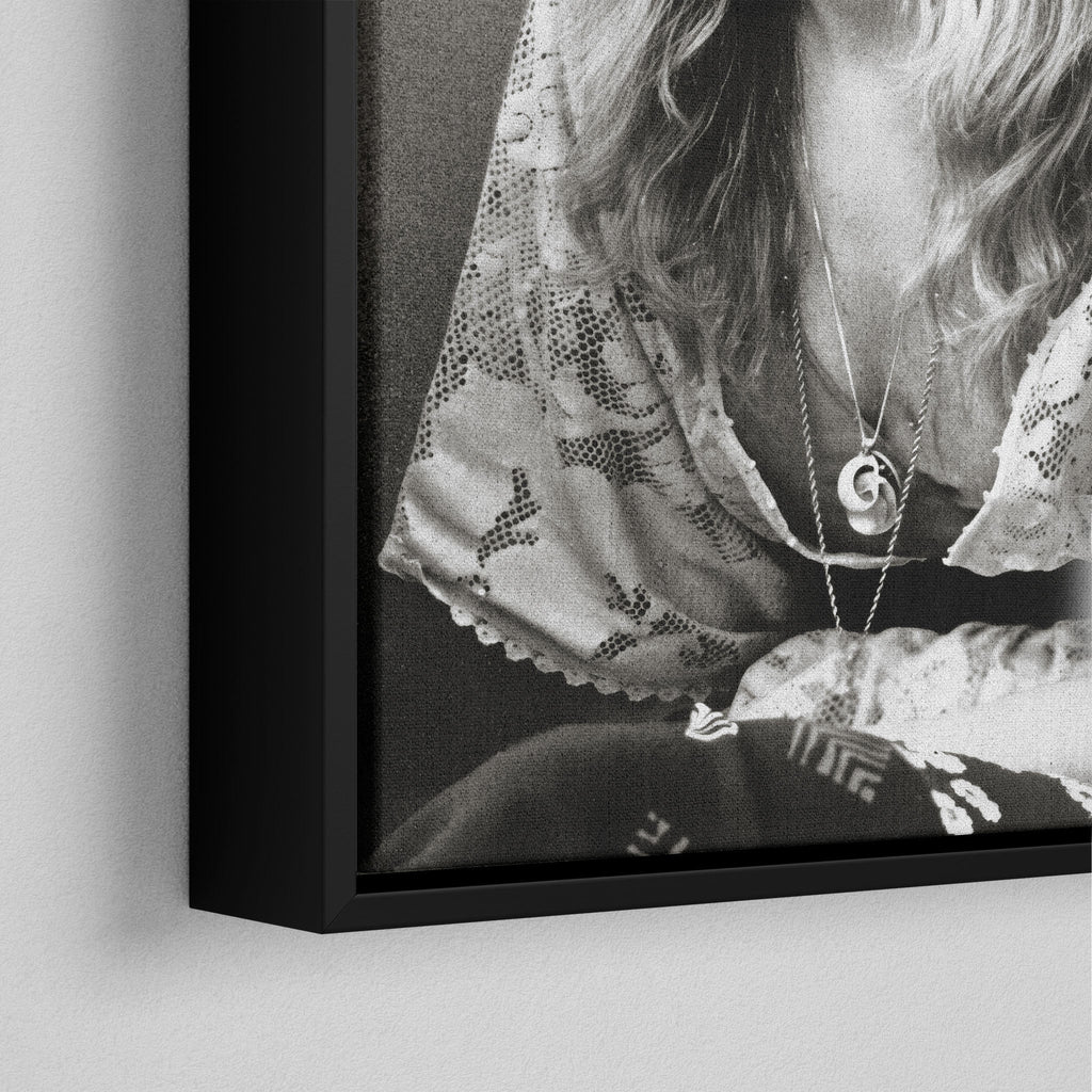 Corner close-up of the black floating frame on the Stevie Nicks 1976 black and white canvas
