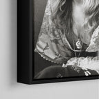 Corner close-up of the black floating frame on the Stevie Nicks 1976 black and white canvas