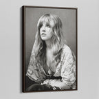 Angled view of the Stevie Nicks 1976 black and white portrait canvas in a dark walnut floating frame