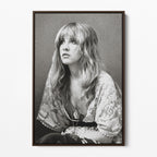 Front view of the Stevie Nicks 1976 black and white portrait canvas in a dark walnut floating frame