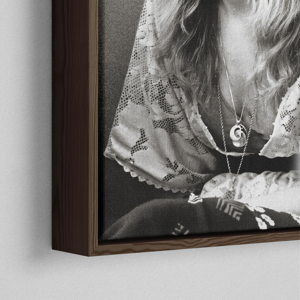 Corner close-up of the dark walnut floating frame on the Stevie Nicks 1976 black and white canvas