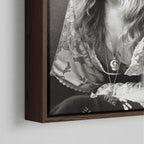 Corner close-up of the dark walnut floating frame on the Stevie Nicks 1976 black and white canvas