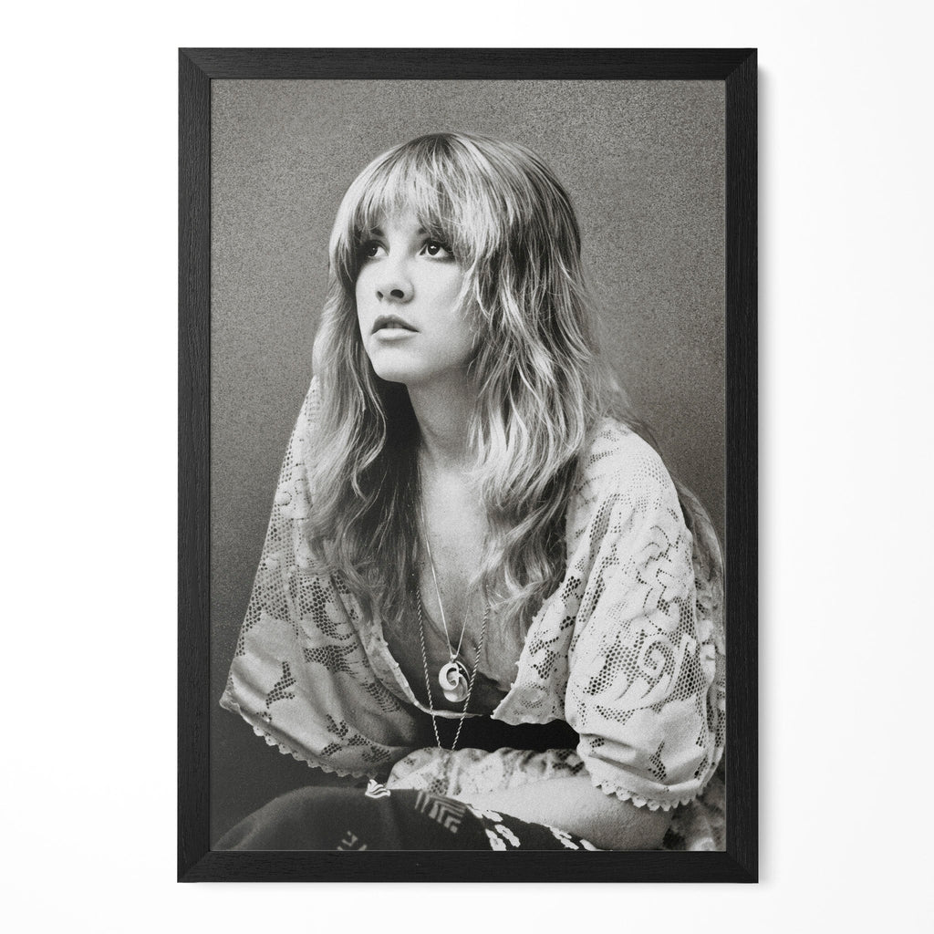Stevie Nicks 1976 Rumours era bohemian black and white portrait in a classic black poster frame