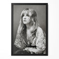 Stevie Nicks 1976 Rumours era bohemian black and white portrait in a classic black poster frame
