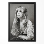 Stevie Nicks 1976 Rumours era bohemian black and white portrait in a classic black poster frame